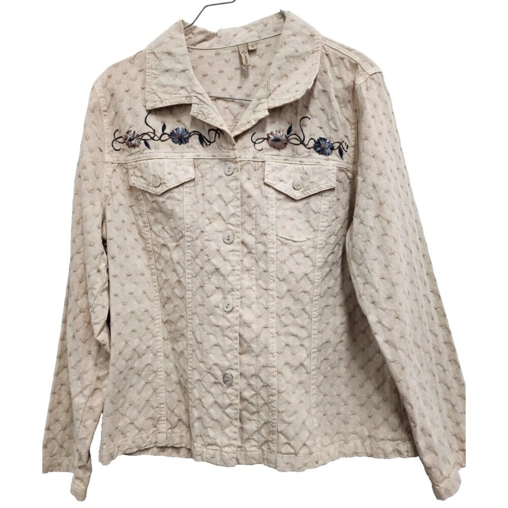Focus Womens Lagenlook Artsy Jacket Shaket Size Small Beige Embroidered Outdoor